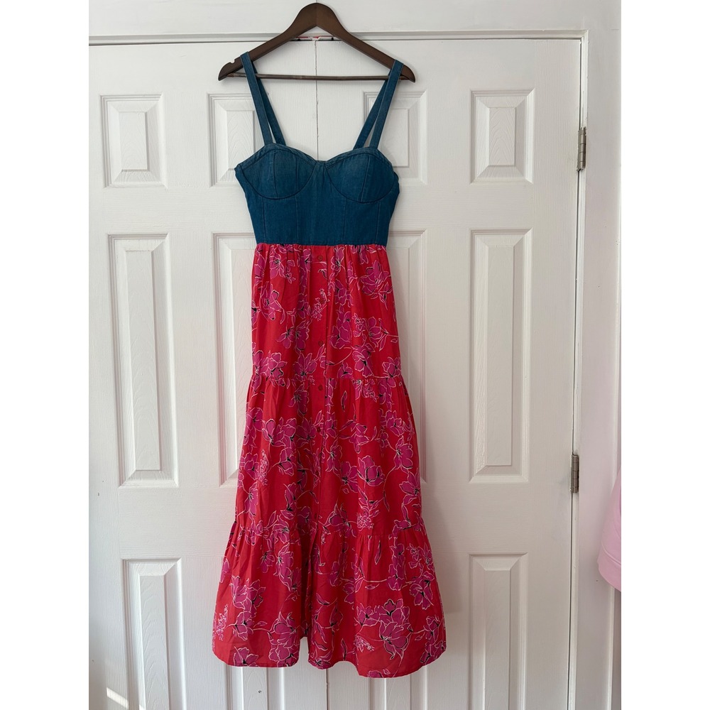 BOG Collective Denim Floral Bustier Maxi Dress Red Pink Mixed Media Tiered L